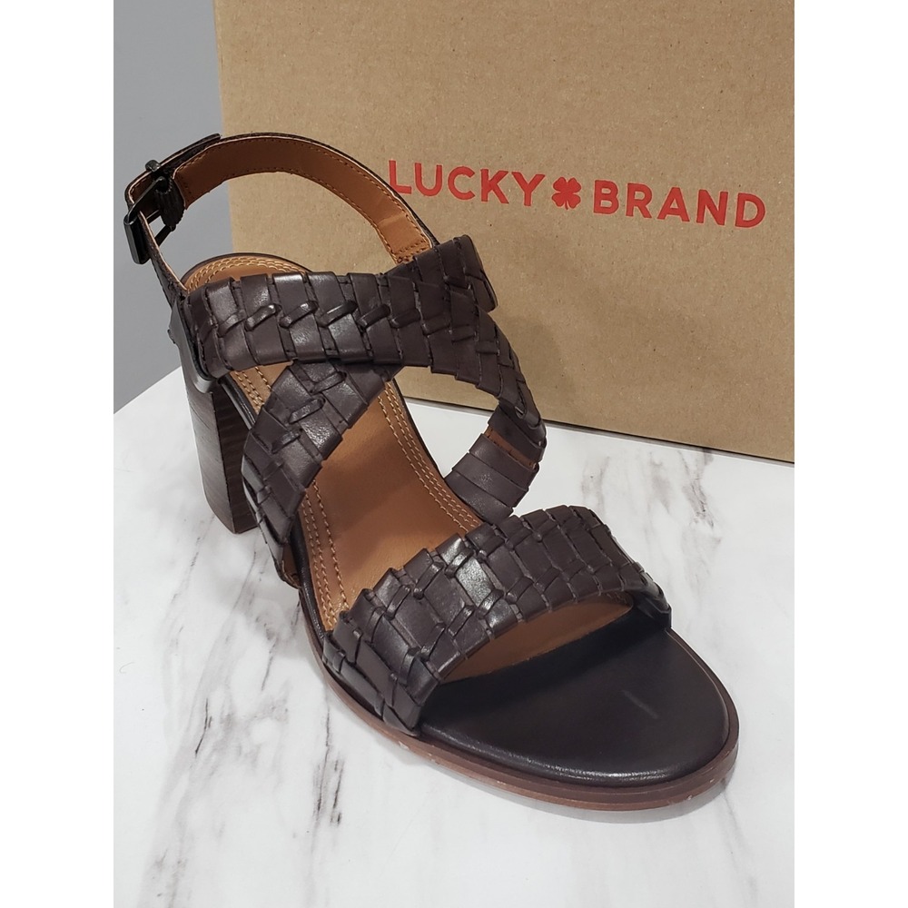 NEW SZ 10 Lucky Brand Shoes DARK Brown Leather Block Heel Sandals Dabene‎ chunky